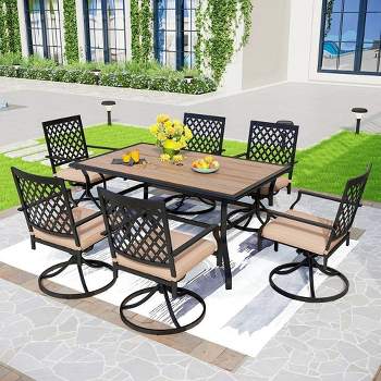 7pc Metal Patio Dining Set with Rectangular Faux Wood Table & 6 Swivel Chairs - Captiva Designs