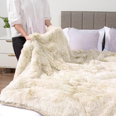 Cream Twin Faux Fur Sherpa Reversible Throw Blanket