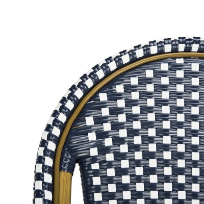 Navy and White French Bistro-Inspired Counter Stool with Wicker Accents