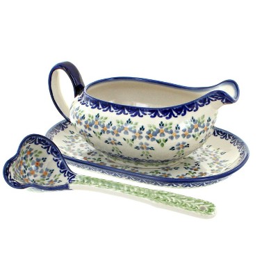 Blue Rose Polish Pottery S119 Manufaktura Gravy Boat Plate & Ladle
