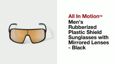 Men's Rubberized Plastic Shield Sunglasses with Mirrored Lenses - All In Motion™ Black: Scratch-Resistant, UV Protection