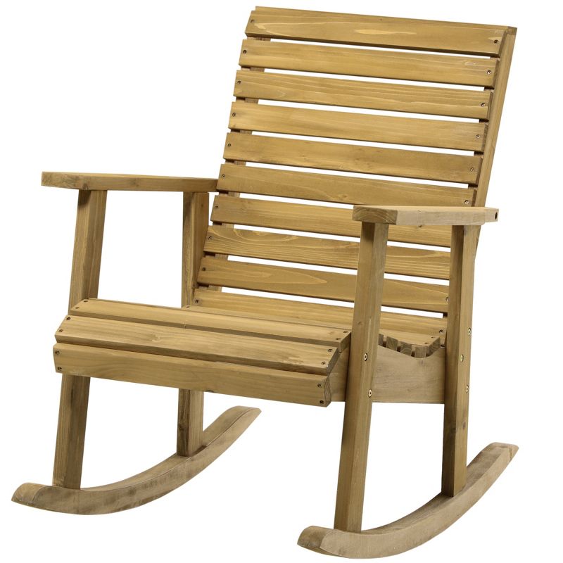 Outsunny Wooden Outdoor Rocking Chair, Traditional Slatted Wood Rocker with Armrests for Indoor & Outdoor, Light Brown, 4 of 7
