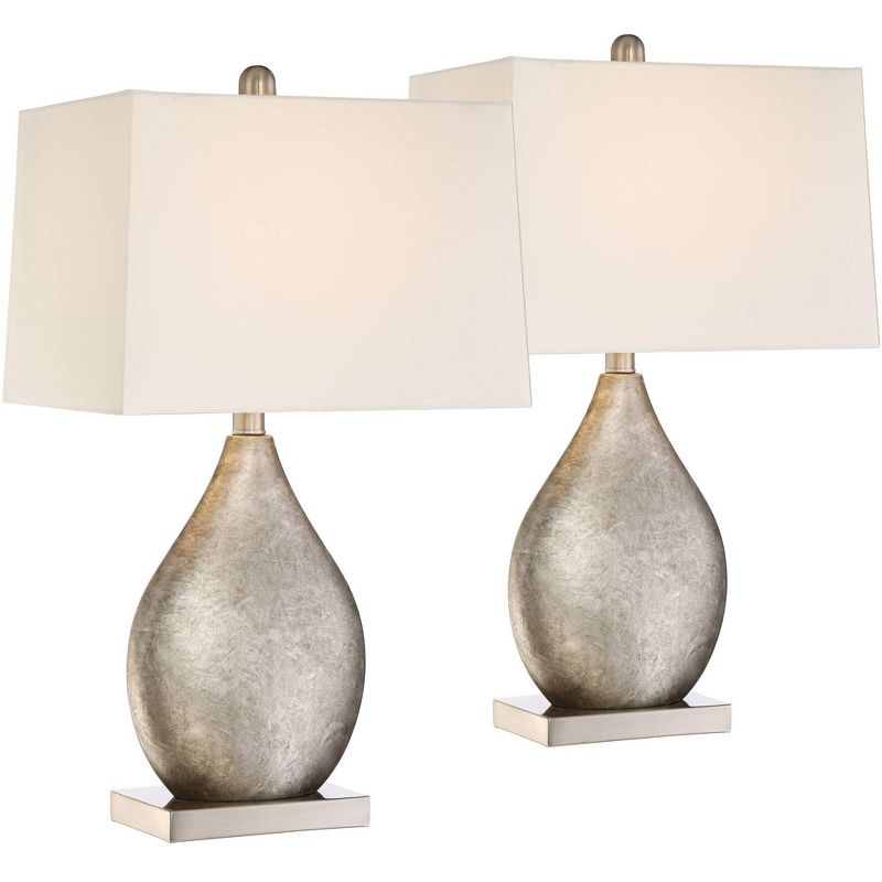 360 Lighting Royce Modern Table Lamps 24 1/2" High Set of 2 Silver Metal Teardrop with Table Top Dimmers Off White Rectangular Shade for Bedroom House, 1 of 8
