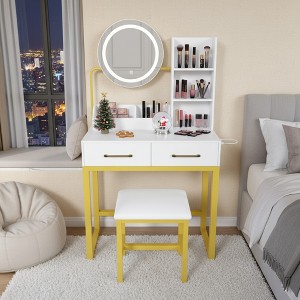 FONTOI 31.5"W Makeup Vanity Table with 2 Large Drawers Sturdy Metal Legs and Chair for Woman Bedroom Dressing Room, White/Brown - 1 of 4