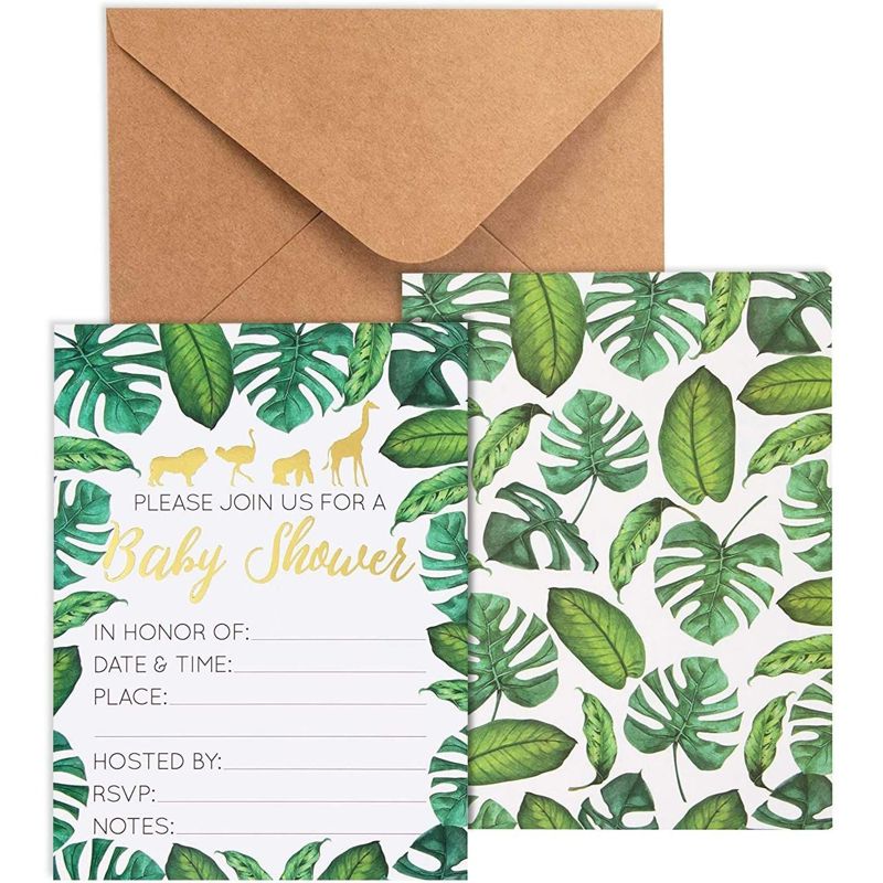 Juvale 36-Pack Baby Shower Invitation with Envelopes, Gold Foil Tropical Animal Designs (5 x 7 In), 1 of 9