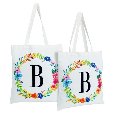 2 Pack Monogrammed Initial Tote Bags, Reusable Grocery Bag for Women, Embroidered, White, 29 in.