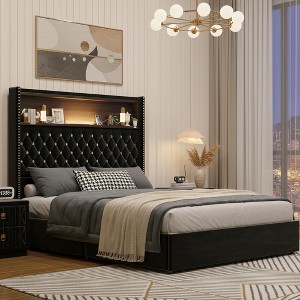 Polibi Velvet Bed Frame with Tufted Headboard, Shelf Storage, USB Ports & LED Light - 1 of 4
