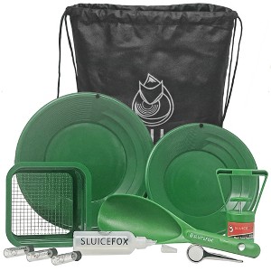 Sluice Fox backpack gold prospecting kit with classifier: Two spiral gold pans, plastic gold pay dirt scoop and black sand gold separator magnet - 1 of 1