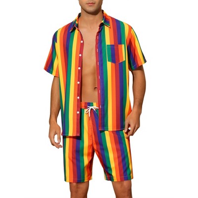 Lars Amadeus Men's Hawaiian Stripes Beach Shirt and Shorts Sets 2 Pieces