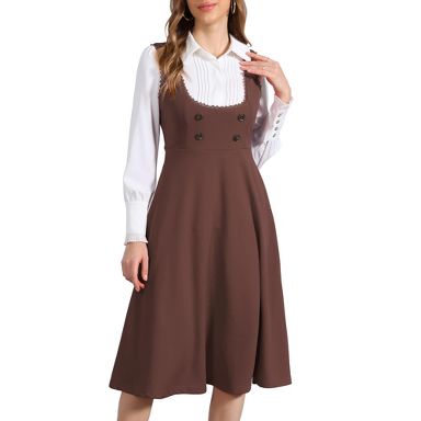 INSPIRE CHIC Women's Lace Trim Button Decor Midi Pinafore Dress with Pockets X-Large Brown