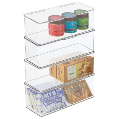 mDesign Kitchen Pantry/Fridge Storage Organizer Box - Hinged Lid, 4 Pack, Clear