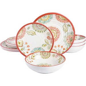 Laurie Gates Brick Floral Ripple 12 Piece Melamine Dinnerware Set in Red - 1 of 4