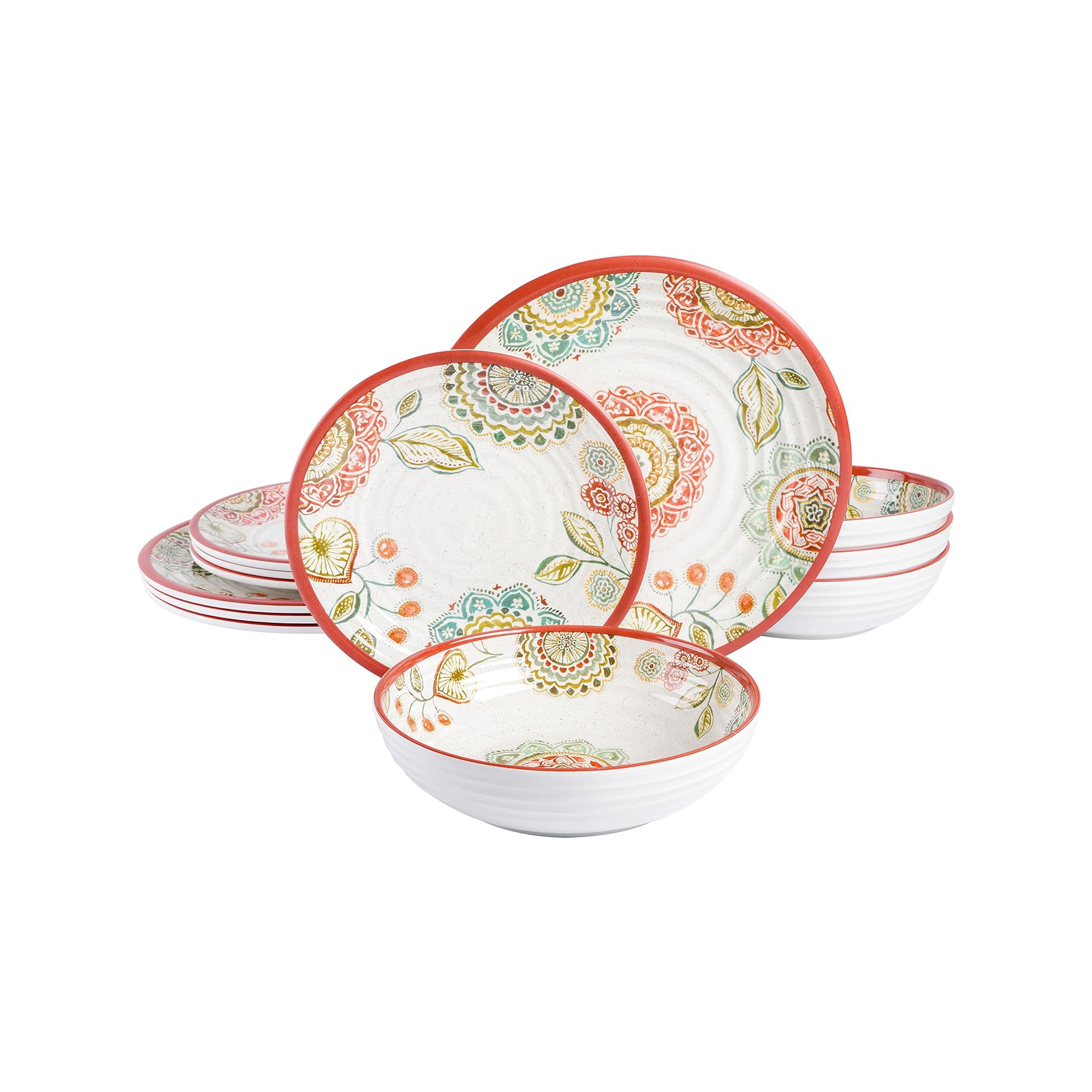 Laurie Gates Brick Floral Ripple 12 Piece Melamine Dinnerware Set in Red