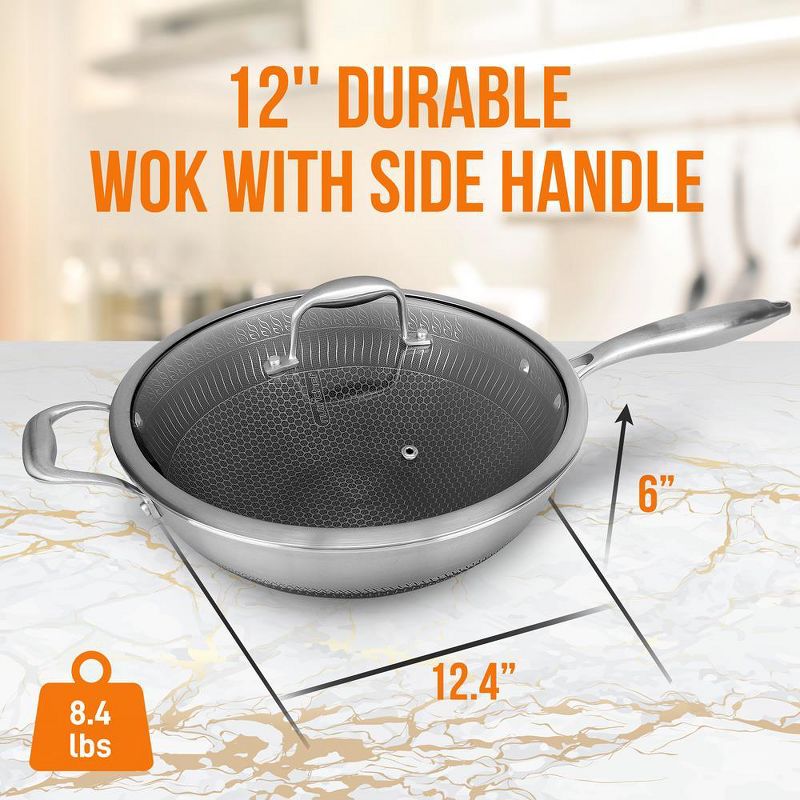 NutriChef 12 Inch Stainless Steel Nonstick Cooking Wok Kitchen Stir Fry Pan with 6 Piece Home Kitchen Food Prep Mixing Serving Bowl Set, 3 of 7