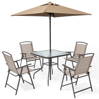 Pellebant 6 PCS Outdoor Patio Dinning Set with 4 Folding Chairs, Glass Table Umbrella without Base