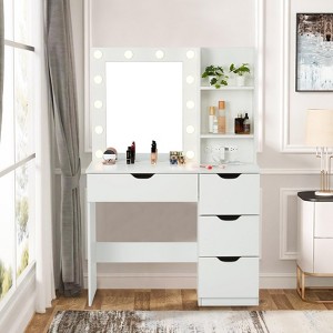 LED Vanity Desk with Mirror & USB Charging Station, 4 Drawers + 3-Tier Shelves, 3-Color Adjustable Lighting, Modern  Dressing Table for Bedroom - 1 of 4