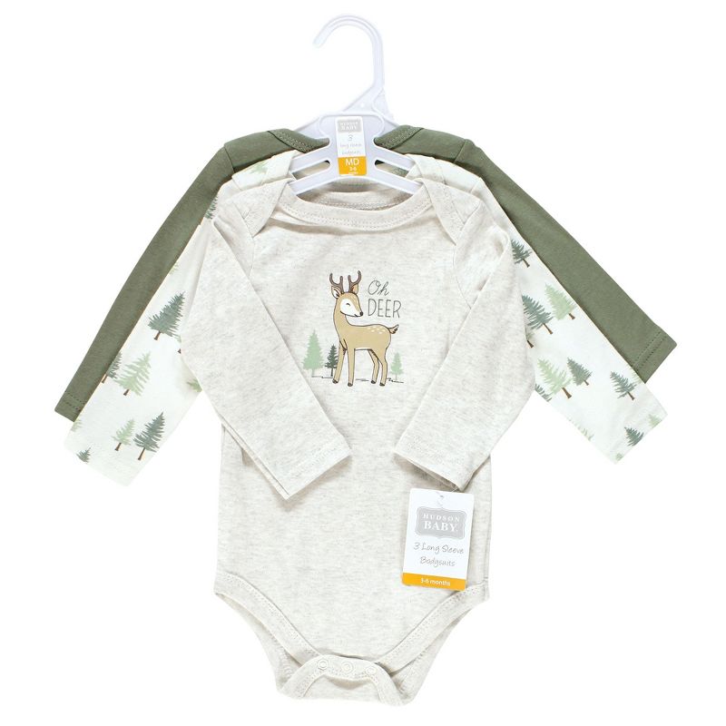 Hudson Baby Infant Boy Cotton Long-Sleeve Bodysuits, Forest Deer 3-Pack, 3 of 7