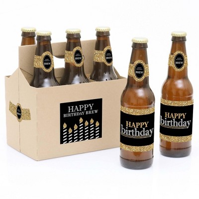 Big Dot of Happiness Adult Happy Birthday - Gold - Birthday Party Decorations for Women and Men - 6 Beer Bottle Label Stickers and 1 Carrier