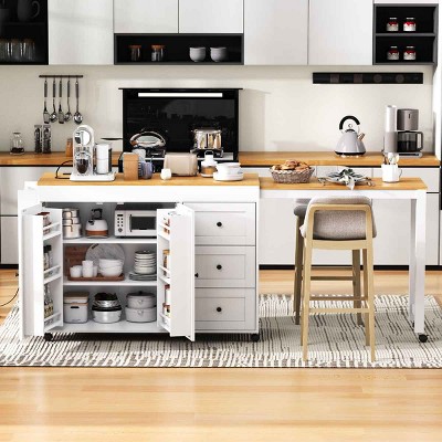 Kitchen Island with Extendable Table, Kitchen Island with Power Outlet and 3 Drawers and Spice Rack,  MDF Frame Kitchen Island-Coolbibila