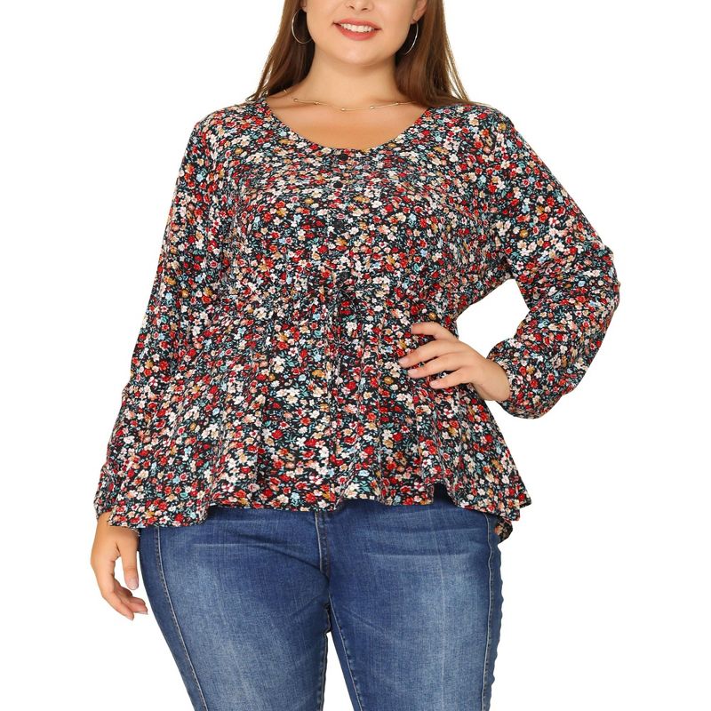 Agnes Orinda Women's Plus Size Round Neck Button Up Puff Floral Long Sleeve Casual Peplum Blouses, 1 of 6