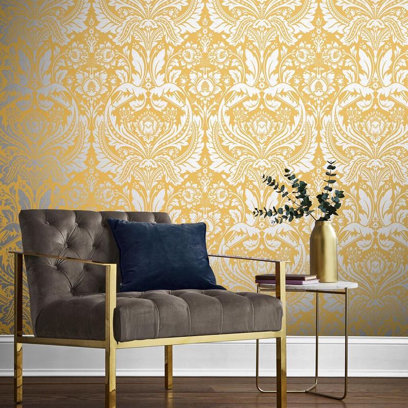 Desire Saffron Yellow and Silver Damask Paste the Wall Wallpaper, 2 of 5