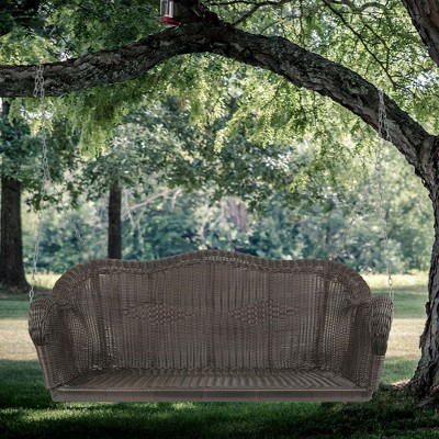 Chocolate Brown Hand-Woven Resin Wicker Porch Swing with Chain