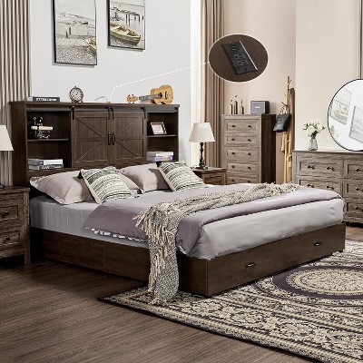 AMERLIFE Wooden Platform Bed with Bookcase Headboard, 2 Drawers, Charging Station