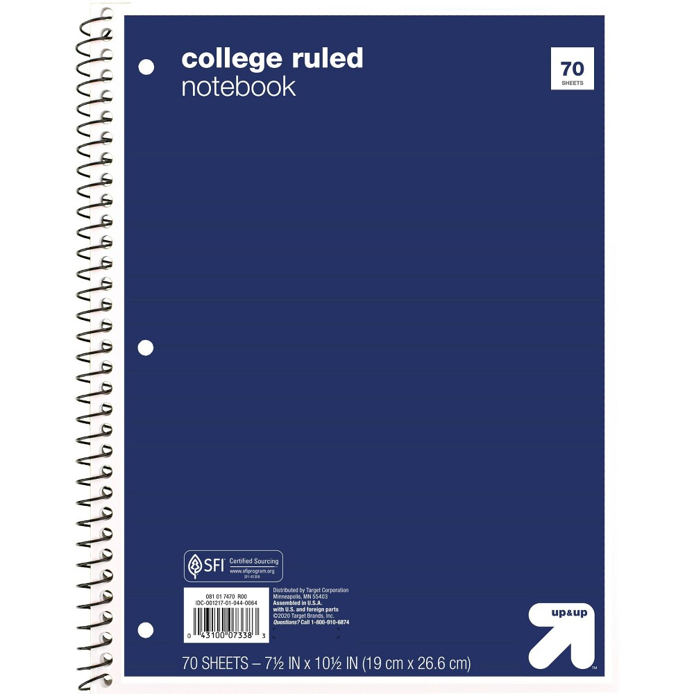 College Ruled Blue 1 Subject Flexible Paperboard Cover Spiral Notebook - up&up™: 70 Pages, 3 Hole Punched, 7.5x10.5"