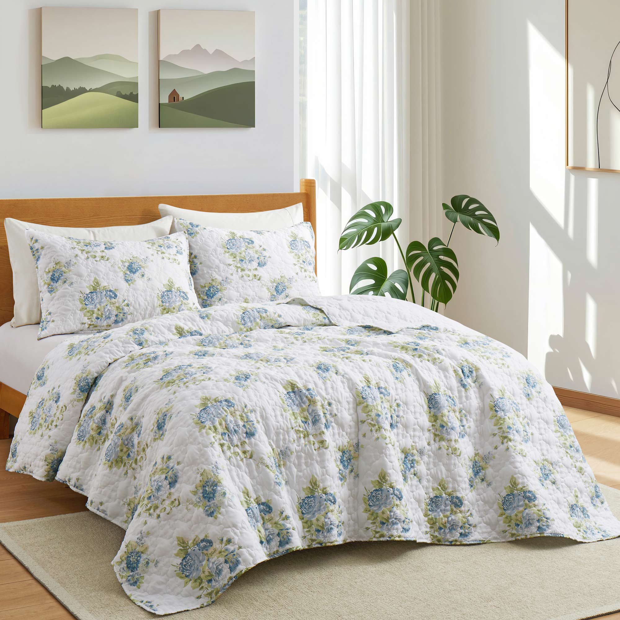 Peace Nest Soft Printed Coverlet Set Floral Geometric Bedspread, Modern Reversible Quilt and Shams Set, Summer Field, Full/Queen