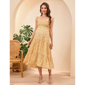 BLUEMING Maternity Dress Summer Ruffled Highwaist Dress with Mini Cap Sleeve Shirred A-Line Midi Dress Floral Sundress - 1 of 4