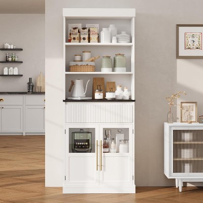 70" Tall Storage Cabinet, Kitchen Pantry Cabinet with Glass Doors, Freestanding Bookcase with Open Shelves and Fluted Drawer
