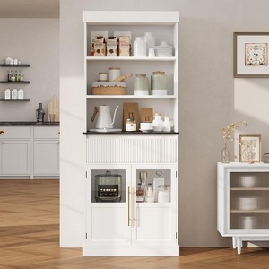 70" Tall Storage Cabinet, Kitchen Pantry Cabinet with Glass Doors, Freestanding Bookcase with Open Shelves and Fluted Drawer - 1 of 4