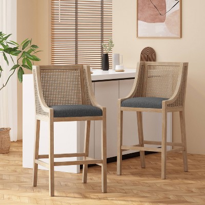 Charcoal and Natural Wood Cane Upholstered Barstools, Set of 2