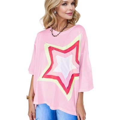 Amaryllis Women's Oversized Star Applique 3/4 Sleeve Top with Layered Contrast Design