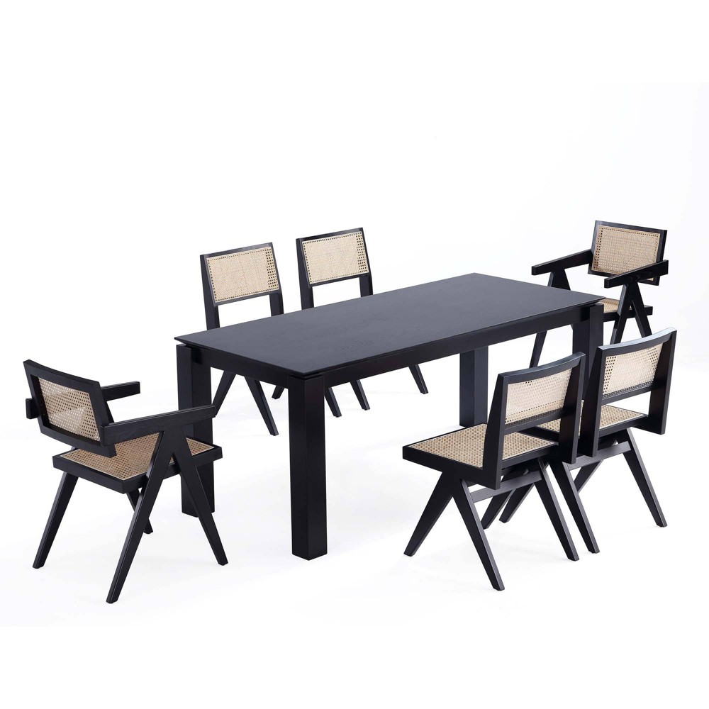 Photos - Dining Table Manhattan Comfort 7pc 70.86" Rockaway and Hamlet Rectangle Dining Set Black/Natural Cane: Ash Wood, Non-Extension, Modern St