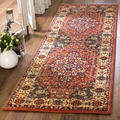 Kashan Red and Ivory Floral Synthetic Runner Rug 2'6" x 8'