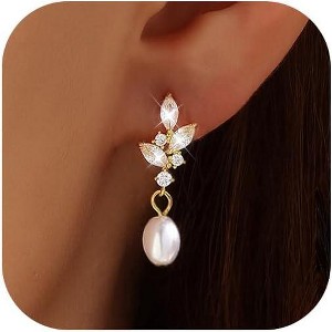 Pearl Earrings,14k Gold Plated Trendy Diamond Pearl Drop Earrings Bridal Shower Gifts Wedding jewelry for Women - 1 of 4