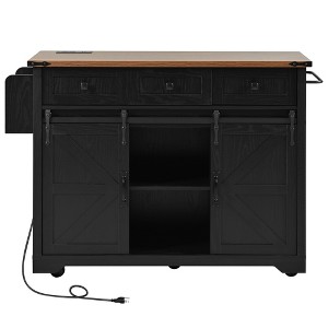 Gulches 53.7" Black Farmhouse Kitchen Island with Power Outlet - Rolling Cart with Sliding Barn Doors, Drop Leaf, Spice Rack - 1 of 4