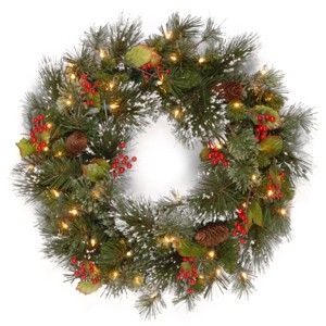 24" Prelit Flocked Crestwood Spruce Christmas Wreath with Cones White Lights - National Tree Company - 1 of 4