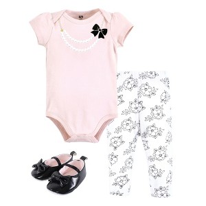 Hudson Baby Infant Girl Cotton Bodysuit, Pant and Shoe Set, Pink Black Necklace - 1 of 4