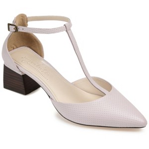Journee Signature Womens Genuine Leather Cameela Buckle Low Stacked Heel Almond Toe Pumps - 1 of 4