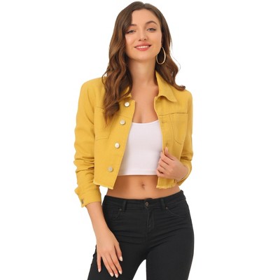 Allegra K Women's Turn Down Frayed Button Down Washed Cropped Denim Jacket