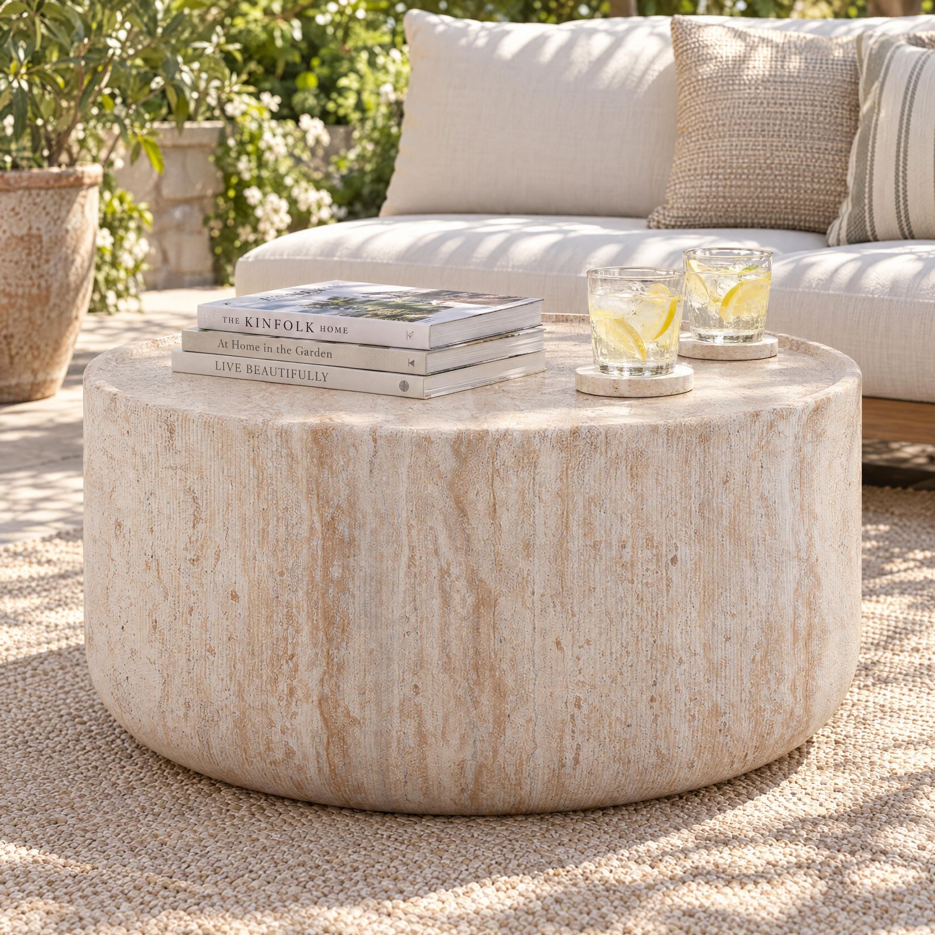 Christopher Knight Home Tacitus Modern Lightweight Concrete Outdoor Round Coffee Table, Travertine