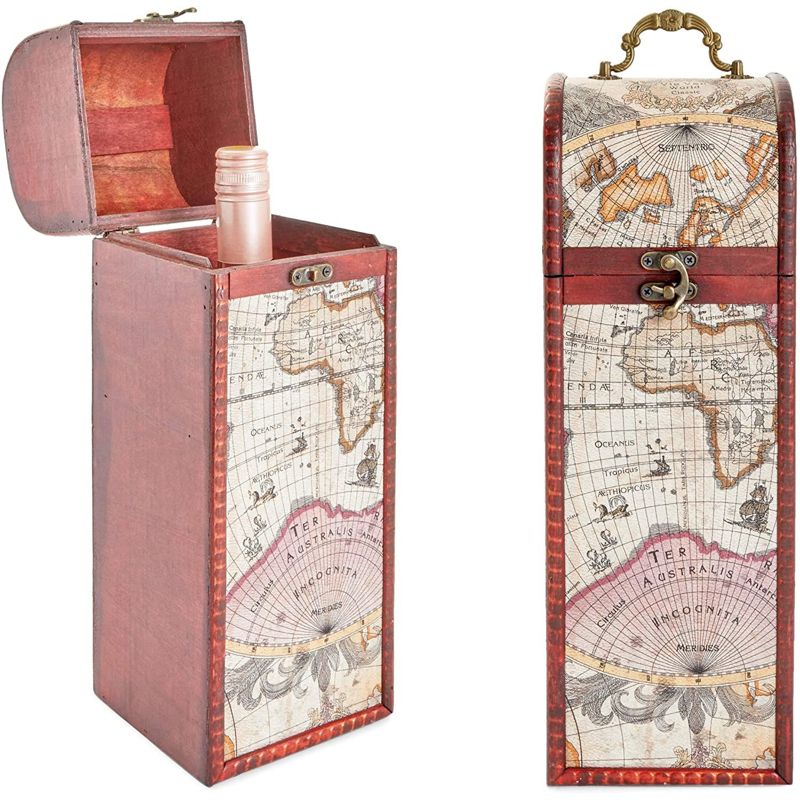 Okuna Outpost Single Wooden Wine Box Bottle Holder World Map Treasure Chest Gift Box Storage Bar Accessory, 1 of 6