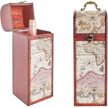 Okuna Outpost Single Wooden Wine Box Bottle Holder World Map Treasure Chest Gift Box Storage Bar Accessory