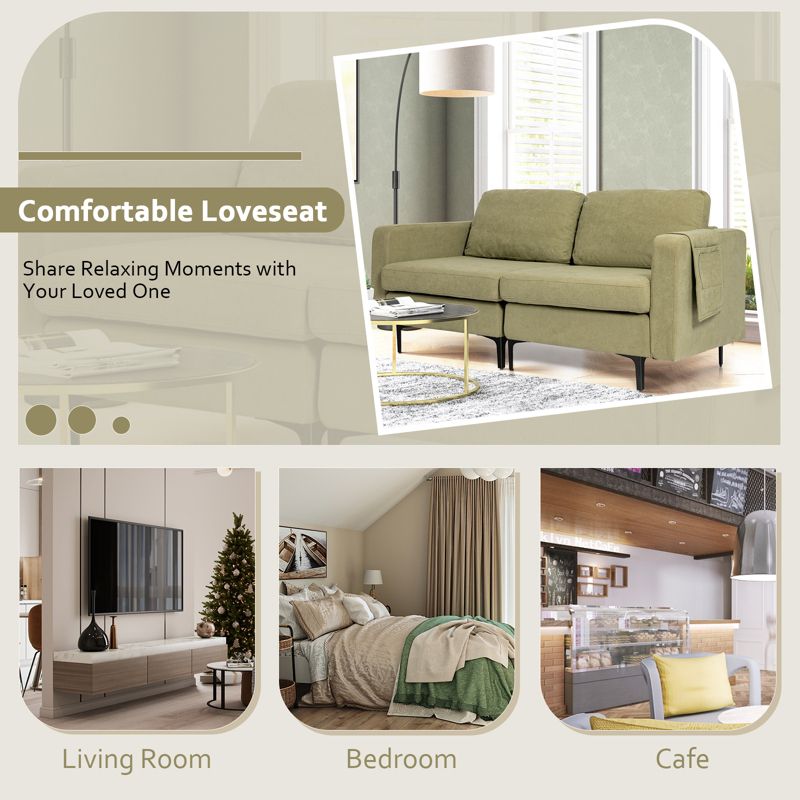 Costway Modern Loveseat Linen Fabric 2-Seat Sofa Couch w/ Side Storage Pocket Green\Orange, 5 of 11