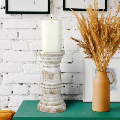 Coastal Charm 8" Worn White Wooden Pillar Candle Holder