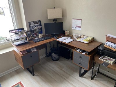 Techni Mobili Reversible L-Shape Computer Desk with Drawers and File Cabinet, Walnut