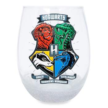 Silver Buffalo Harry Potter Animal Crests Teardrop Stemless Wine Glass | Holds 20 Ounces