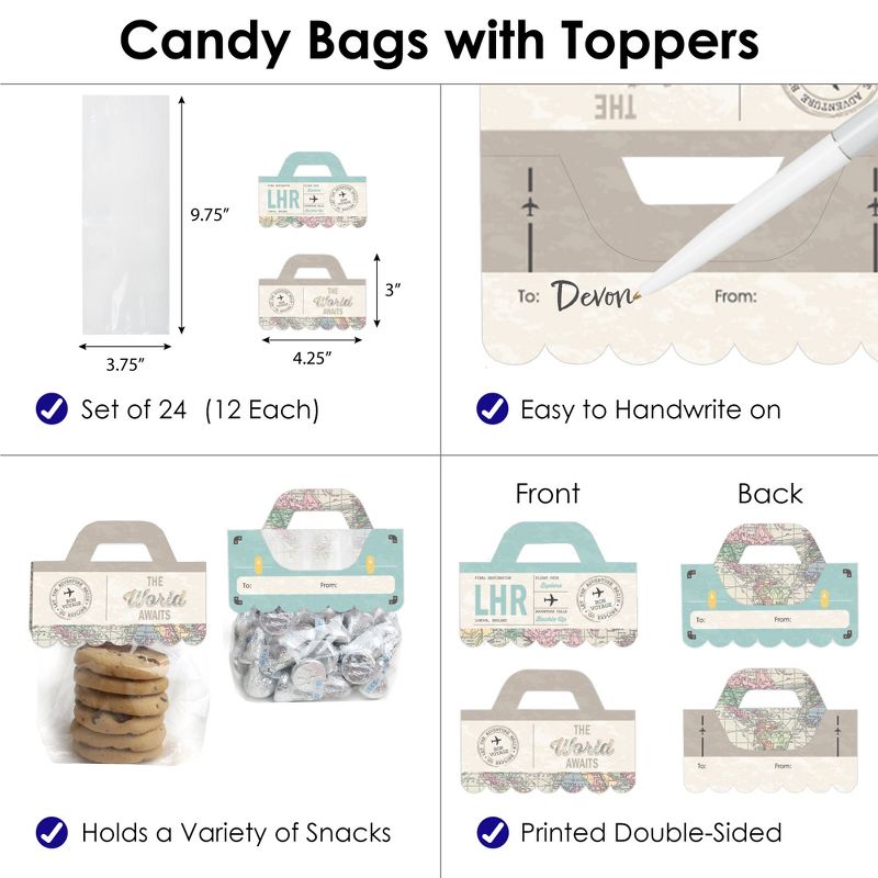 Big Dot of Happiness World Awaits DIY Travel Themed Party Clear Goodie Favor Bag Labels Candy Bags with Toppers Set of 24, 3 of 9